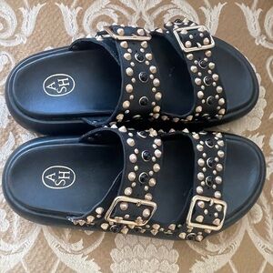 ASH Viking Black Leather Studded Chunky Sliders.